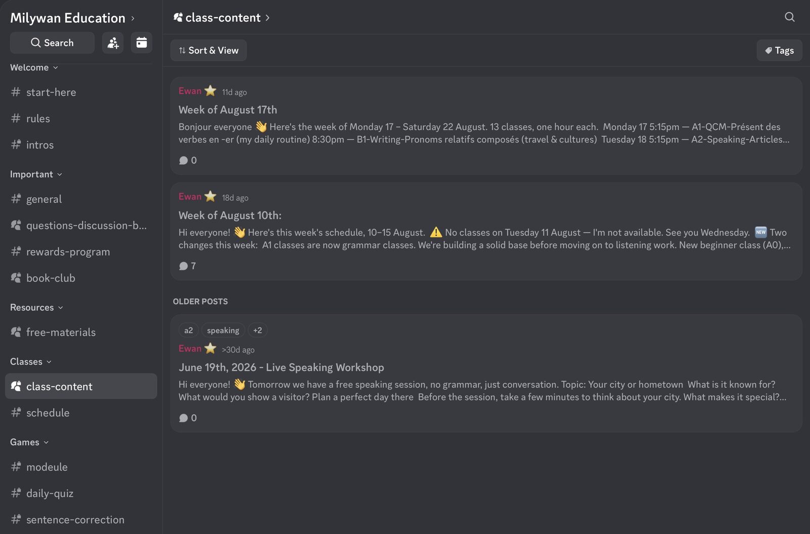 Milywan Education Discord showing weekly class posts