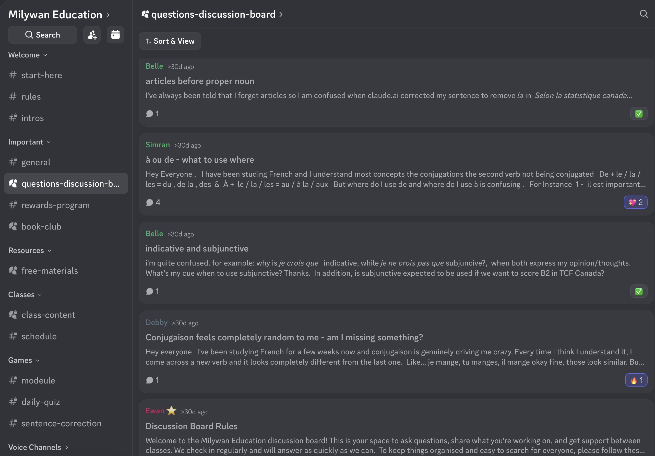 Student questions in the Milywan Discord discussion board